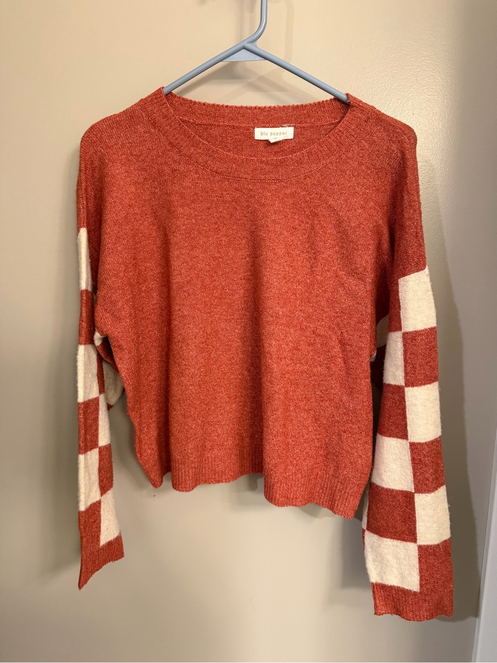 Blu Pepper Rust Orange Crewneck Sweater with Cream Checkered Sleeves